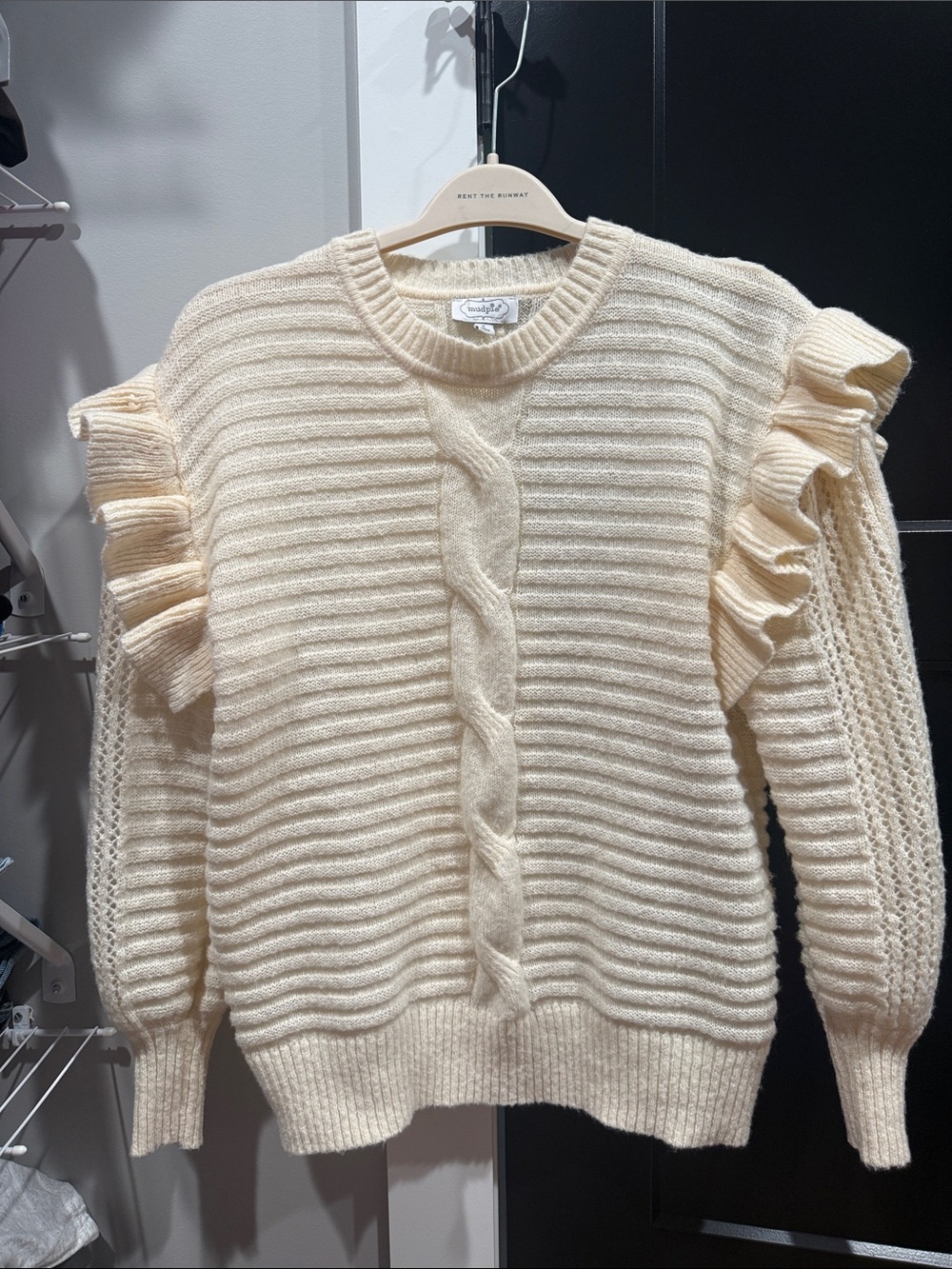 Mud Pie Cream Ruffle-Trim Cable Crewneck Sweater